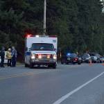 Kyle Jensen / The Record &mdash; Responders closed both lanes of Bayview Road Friday afternoon after a skateboarder was struck by a pickup truck.