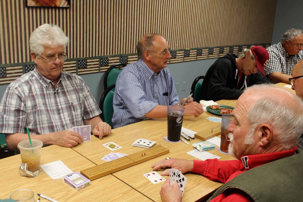 Mike Diamanti (far left) looks askance at his latest hand of cards. Cribbage is part skill, part science but mostly luck, he admits.