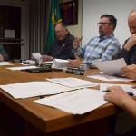 Kyle Jensen / The Record  South Whidbey Fire/EMS Chief Rusty Palmer (far left) goes over the 2018 budget with the commissioners.