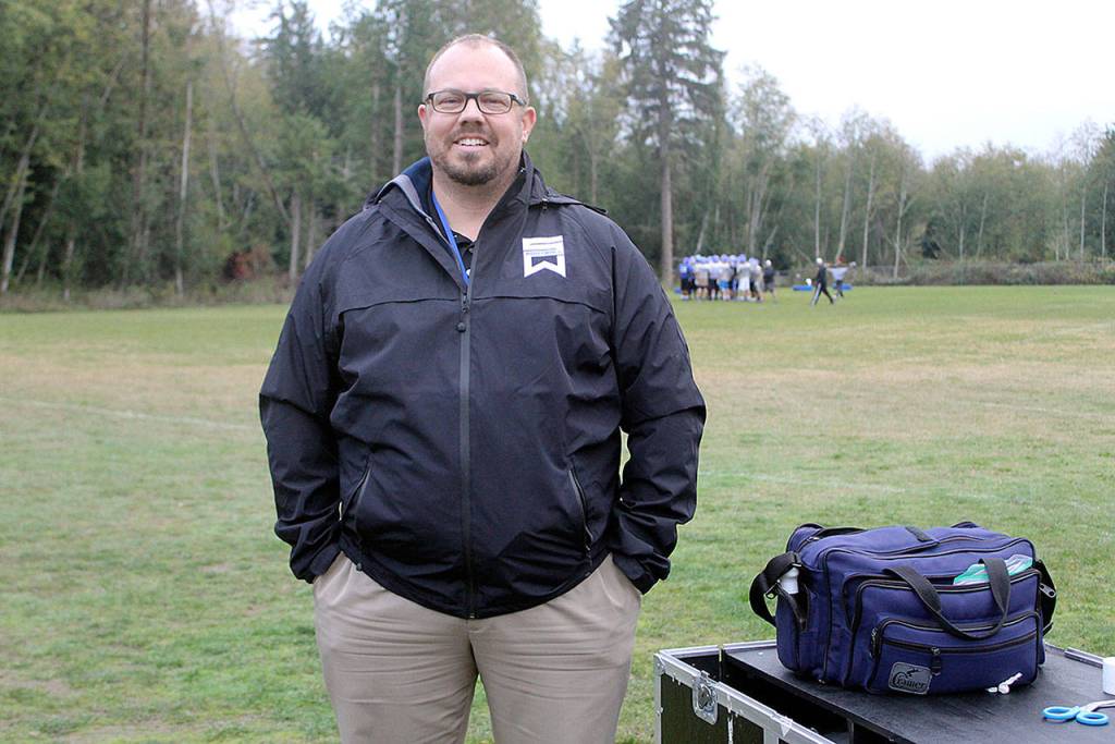 Evan Thompson / The Record  South Whidbey High School Athletic Trainer Nathan Welever was never far from the football practice field. He is available for practices as much as his work schedule allows.
