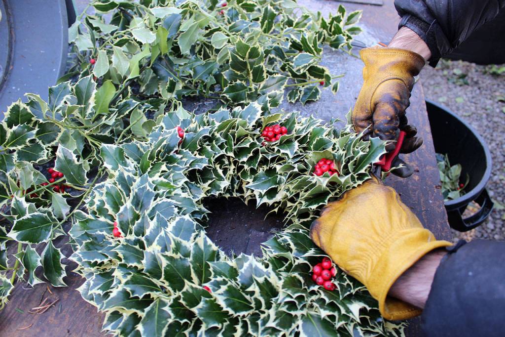 Isaiah Rawls finishes ups a wreath order at A Knot in Thyme located on North Whidbey. Photo by Patricia Guthrie/Whidbey News-Times