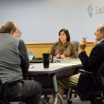 Laura Guido / Whidbey News Group                                County Prosecutor Greg Banks, center, attorney Lee Pence and County Commisioner Helen Price Johnson sit around the work session table Wednesday. Tensions hit a boiling point during the meeting that included yelling and name-calling.