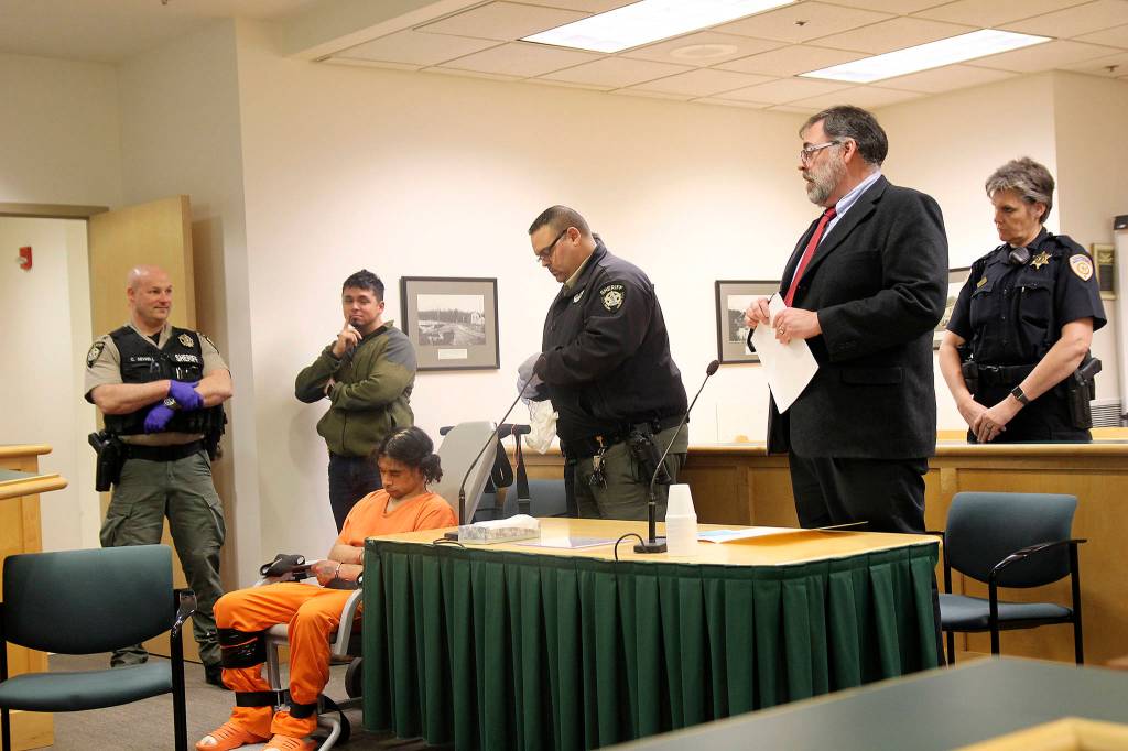 Photo by Jessie Stensland / Whidbey News-Times                                Louis Scarpino of Oak Harbor appears in Island County Superior Court in a restraint chair Wednesday because he was accused of being disorderly and intimidating a judge the day before.