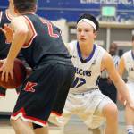 Evan Thompson / The Record  South Whidbey sophomore Dexter Jokinen defends against Kings junior Hunter Reeves during the Falcons 62-41 loss in the 1A District 1 tournament on Feb. 9 at Erikson Gymnasium.