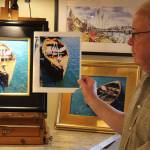 Dan Burroughs works from photos and likes to paint boats, bridges, trains and industrial scenes. This painting is of a classic wooden rowboat tied up one day at the Coupeville wharf.