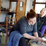 Artist mentor Joan Govedare and Waldorf student Megan Fickel met weekly in her South Whidbey studio. Fickel learned different pottery styles, how to throw clay, sculpt shapes on the wheel and how to fire and paint pots.