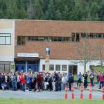 South Whidbey students gather in front of the high school Wednesday morning as part of the national Enough school walkout. The campus was closed for the day as a safety precaution.