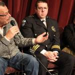 Langley Mayor Tim Callison speaks at Thursdays community conversation addressing school safety. Beside him are David Marks, Langley chief of police and Jo Moccia, South Whidbey Schools Superintendent.