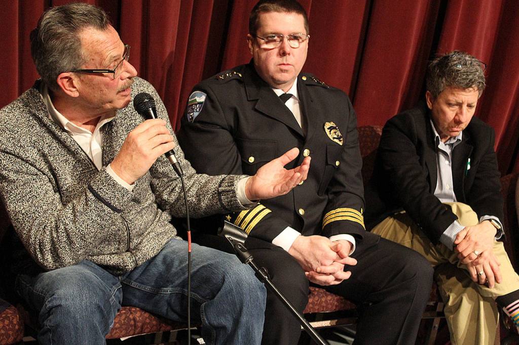 Langley Mayor Tim Callison speaks at Thursdays community conversation addressing school safety. Beside him are David Marks, Langley chief of police and Jo Moccia, South Whidbey Schools Superintendent.
