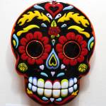 Gina Michels exhibit contains a few fused glass images of masks, including this Day of the Dead skull.