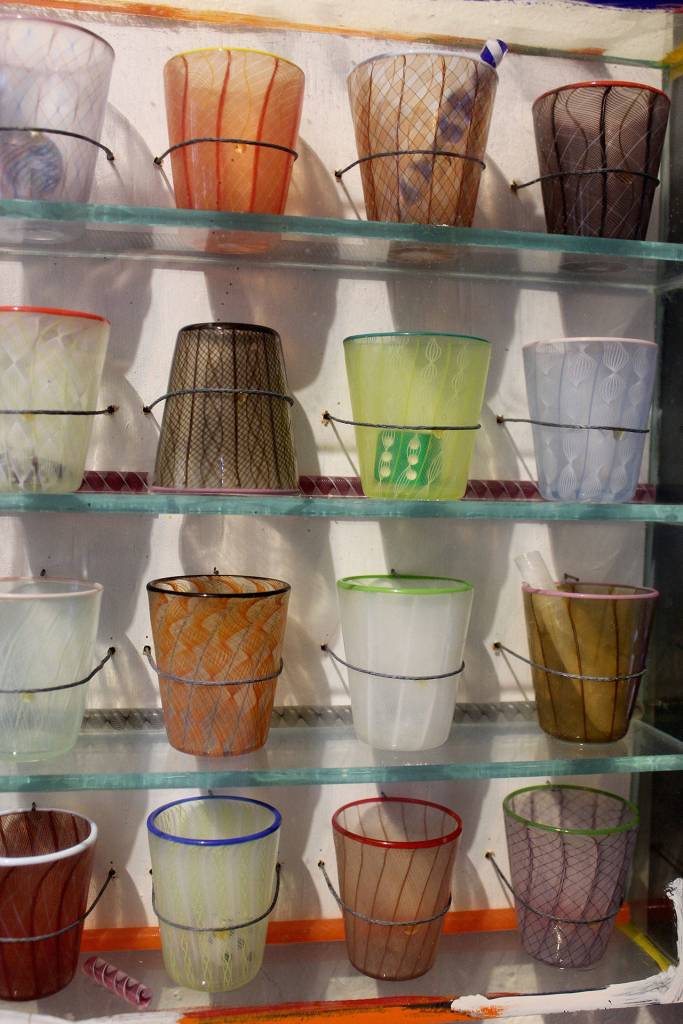 Among the collection are six sample boxes containing the glass work of Richard Marquis, such as these tumblers.