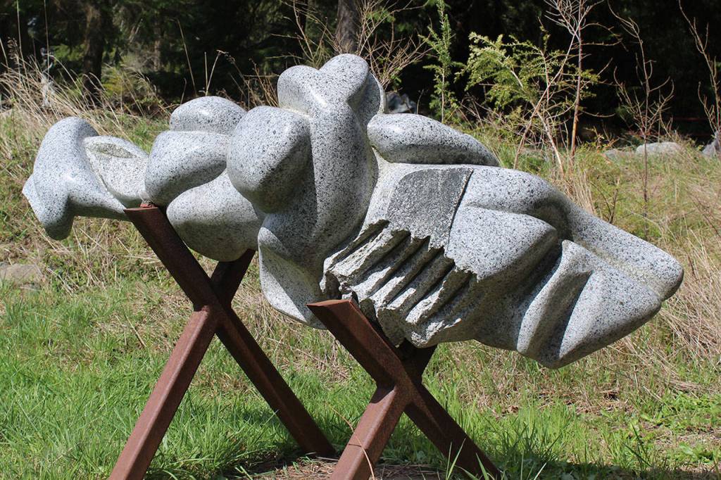 Hank Nelson prefers not to label his outdoor work at Cloudstone Sculpture Park with titles, saying, I want people to use their imagination. One visitor likened this sculpture to the juvenile gray whale that recently died from being malnourished and washed up on a Whidbey beach.
