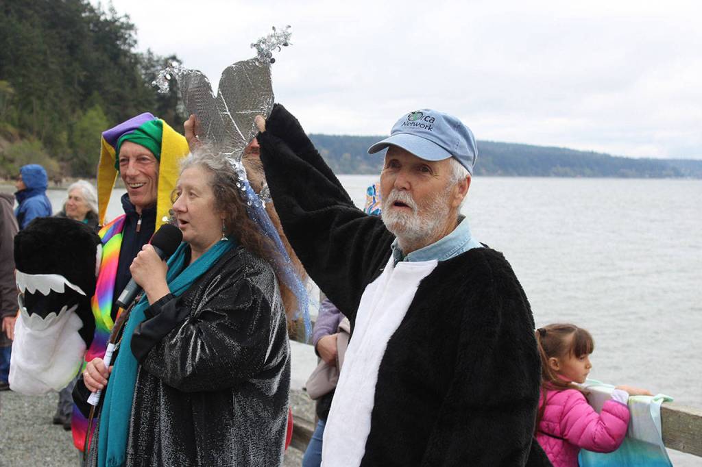 This is the most kid-centric parade Ive ever seen and the biggest ever, declared Howard Garrett, a whale activist dressed as an orca. Beside him are Susan Berta and rainbow jester and emcee Jim Freeman. This is the 15th year Orca Networks event educated the public about the gray whale Sounders that feed on ghost shrimp in the mudflats of Whidbey and Camano Islands for about six weeks from March to May.