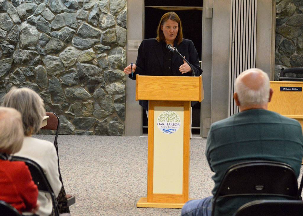 Island County Commissioner Jill Johnson gives a presentation about a proposed crisis stabilization and detox facility in Oak Harbor. The tri-county facility would be operated by a behavioral health organization and provide short-term stabilization for individuals in Island, San Juan and Skagit counties. Photo by Laura Guido/Whidbey News Group