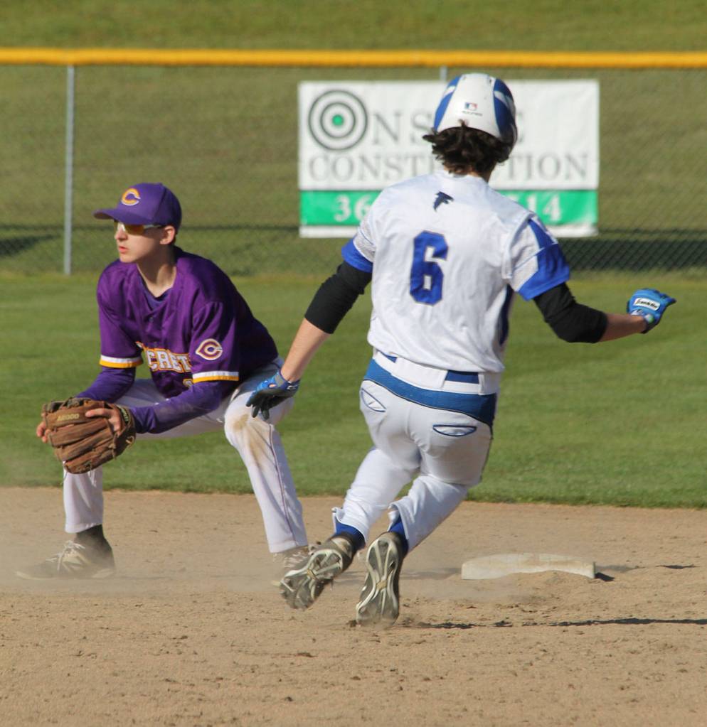 Kade Petty steals second base for the Falcons.(Photo by Jim Waller/Whidbey News Group)