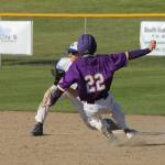 Falcon shortstop Kody Newman waits for the throw as Concretes Riley Fichter attempts to steal second base in Mondays game.(Photo by Jim Waller/Whidbey News Group)
