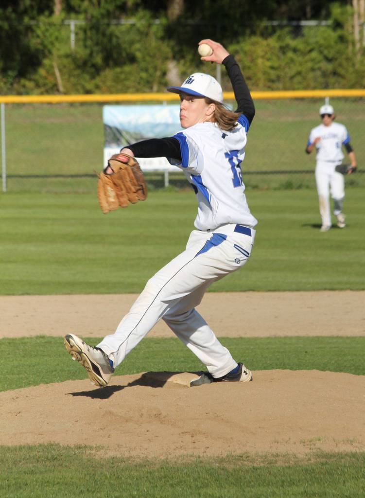 Nick Young prepares to fire a pitch against Concrete Monday.(Photo by Jim Waller/Whidbey News Group)