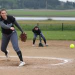 South Whidbey pitcher Mackenzee Collins fires a pitch in Fridays game with Coupeville.(Photo by John Fisken)