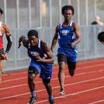 Carl Henri Chapman receives the baton from Matthew Simmons in the 4x100 relay. The Falcons won the event in 44.55, the states third best time. (Photo by Matt Simms)