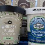 The old blue and white logo of Whidbey Island Ice Cream Company is surrounded by its new design that uses colors and graphics to match the many flavors.                                A new design (left) for Whidbey Island Ice Cream Company will appear on products starting this week. It retains a drawing of a ferry, which became the symbol of the company a decade ago.