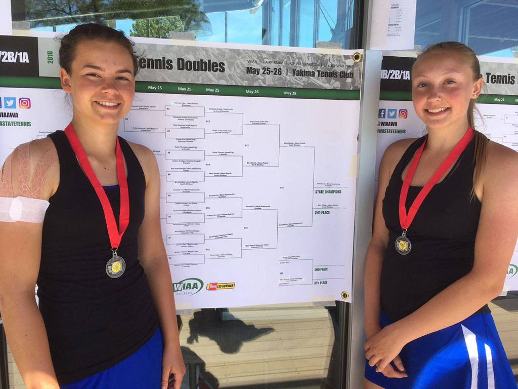 Alison Papritz, left, and Mary Zisette flank the brackets that mark their second-place finish.(Photo courtesy of Jennifer Gochanour)