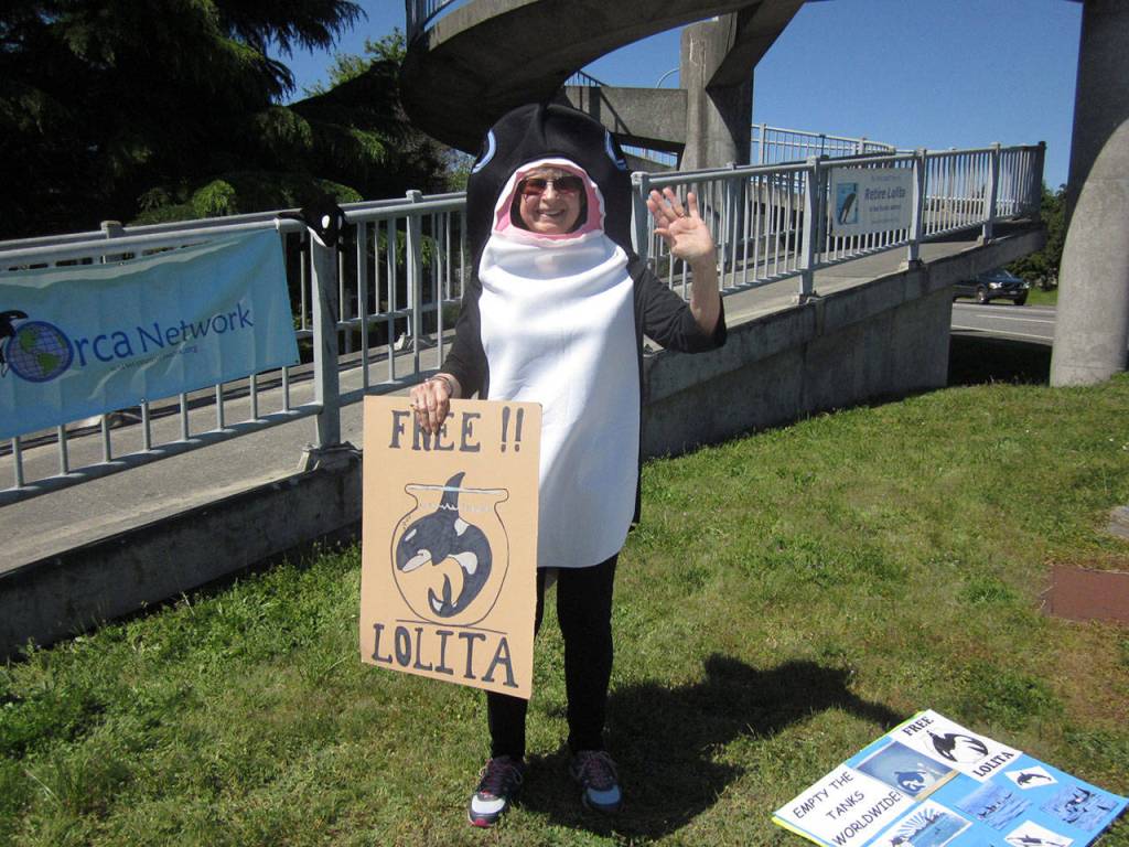 Pat Price wearing her orca disguise. Photo provided