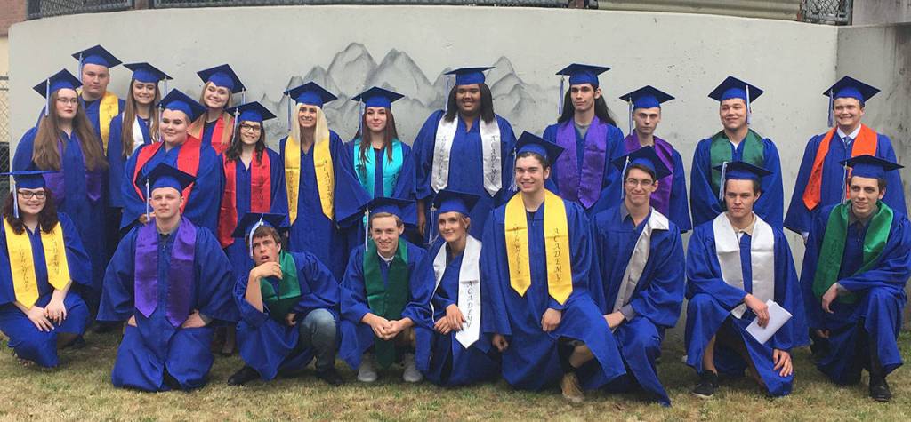 South Whidbey Academy graduated 24 students Friday. The colorful sashes represent the diversity of the school. Staff spoke about every individuals achievements during commencement. Photo provided