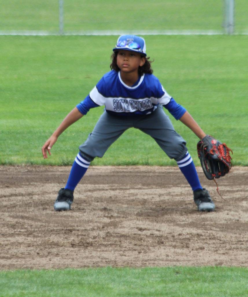 Shortstop Jacob Hughes gets ready to field his position in Saturdays game.(Photo by Jim Waller/South Whidbey Record)