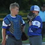 Catcher Cole Thorsen and pitcher Liam Petty meet on the mound Tuesday.(Photo by Jim Waller/South Whidbey Record)