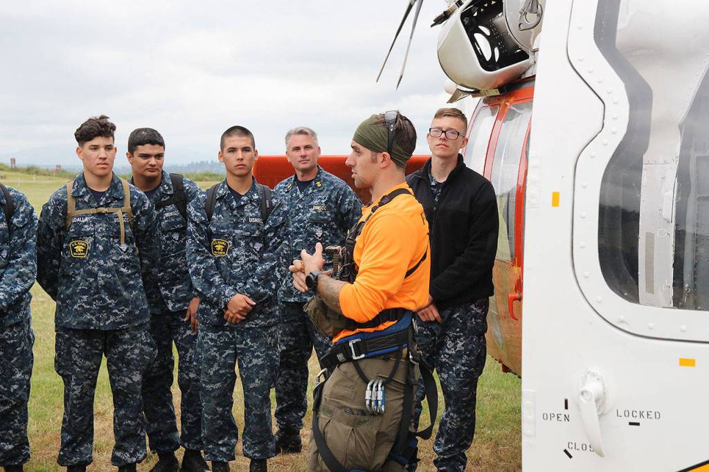 Corpsman John Siedler, of NAS Whidbey Island SAR, speaks to a group of Sea Cadets Thursday morning at Camp Casey Conference Center. Photo by Laura Guido/Whidbey News-Times