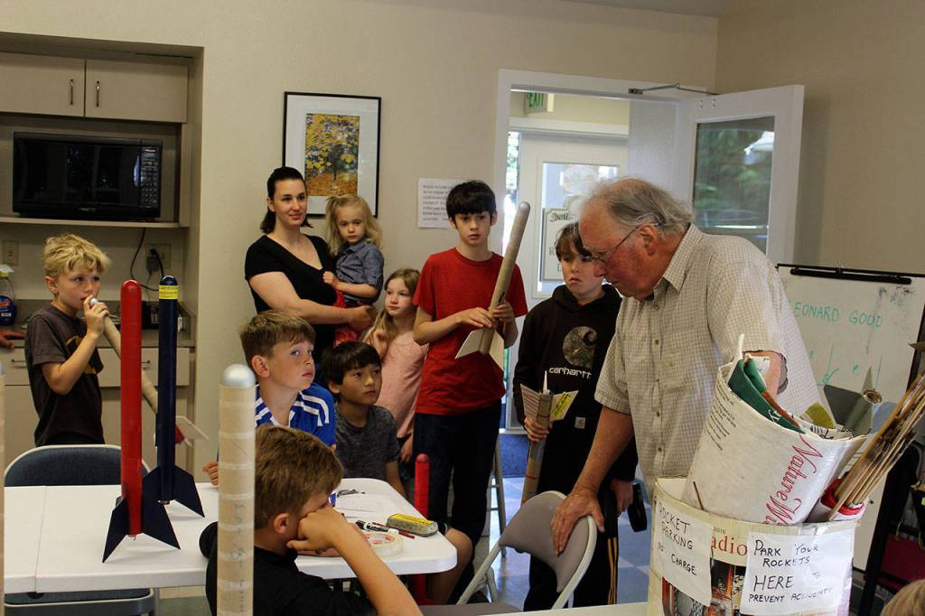 South Whidbeys Rocket Man, Leonard Good, gives last-minute instructions to a South Whidbey Parks Recreation class before students head out to launch their handmade rockets. Photos by Patricia Guthrie/Whidbey News Group
