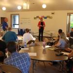 Island County Sheriff Mark Brown and Detective Sgt. Laura Price met with about 40 South Whidbey residents Monday evening to provide information about a Level 3 sex offender who recently moved into Langley. Photo by Patricia Guthrie/Whidbey News Group
