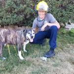 Firefighter Billy Piepenbrink kneels with his new furry friend Wednesday after rescuing the dog that fell about 20 feet down the bluff at Deer Lagoon. Photo provided