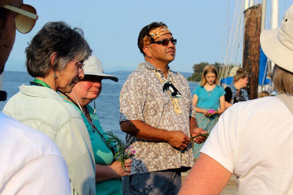 Fredrick Lane, Lummi Nation councilman, speaks at Wednesdays gathering. The plight of Southern Resident killer whales living in dire wild conditions was discussed along with the health and spirit of Tokitae, the last surviving Penn Cove killer whale living in captivity.