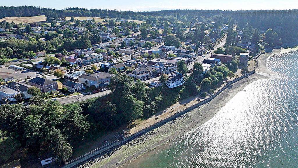 SaratogaAerials.com photo  Seawall Park in Langley may have covered shelters, waterfront seating areas, native plants and a promenade if the city council approves a redesign now being aired to the public.