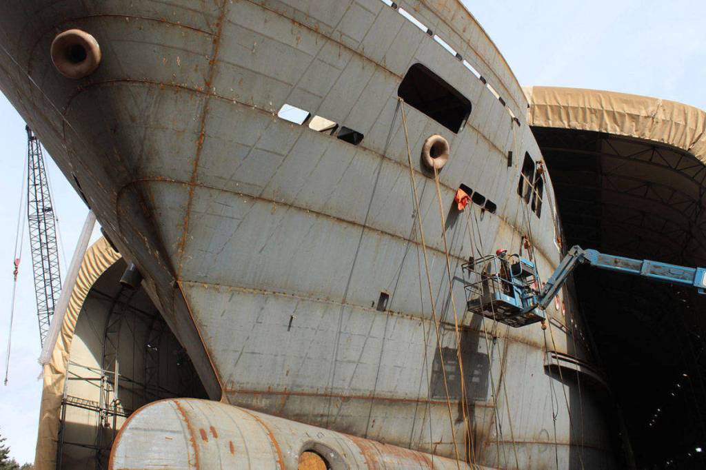 The superstructure of the National Geographic Venture is made from aluminum instead of steel. This is how the cruise ship looked in April. The vessel took about 14 months to construct; 375 employees work in a dozen skill categories during the one day shift.