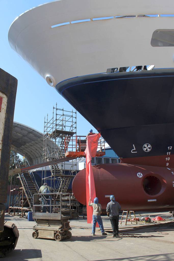 The bow of the National Geographic Venture is designed to accomodate a large observation area that can fit all 100 passengers at the same time for viewing birds, wildlife and sea creatures.