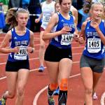 Natalie Rodriguez, left, Flannery Friedman and Laila Gmerek compete for the Falcons at the Westling Invitational.(Photo by Karen Swegler)