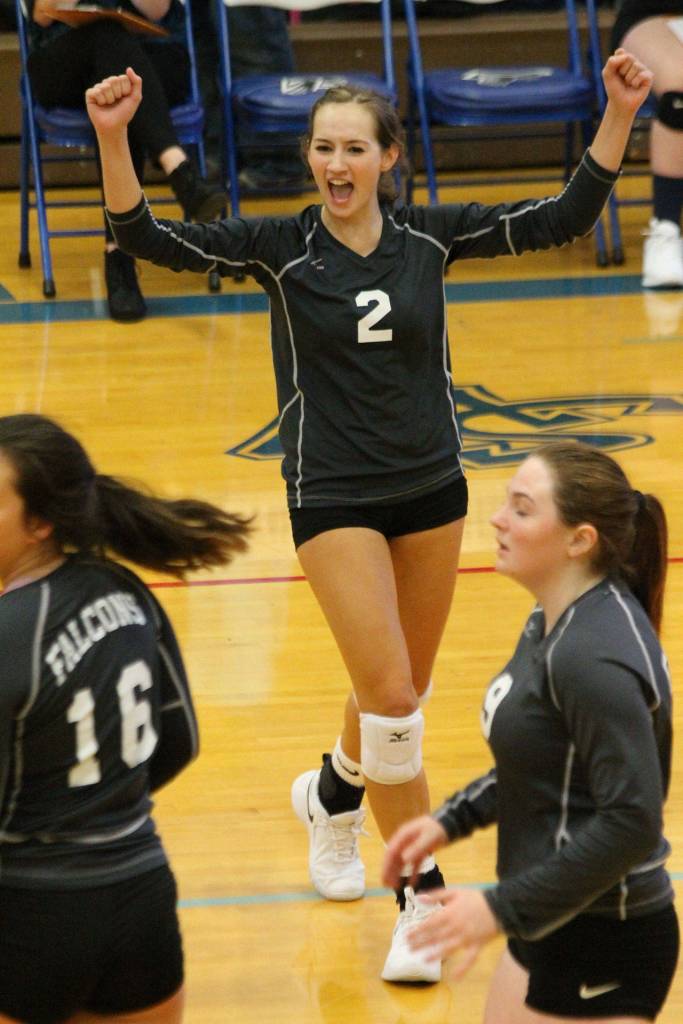 Alyssa Ludtke celebrates a South Whidbey point.(Photo by Jim Waller/South Whidbey Record)