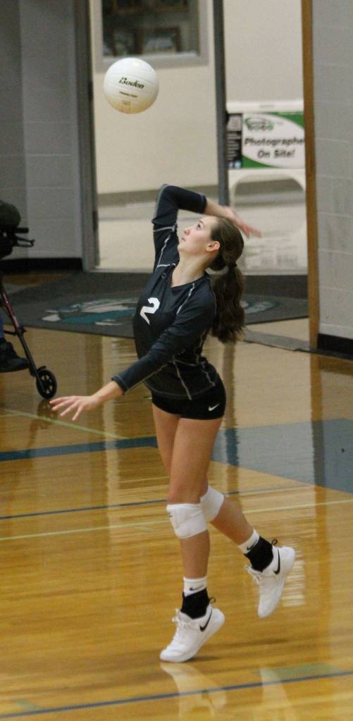Alyssa Ludtke serves in South Whidbeys win over Cedar Park Christian Tuesday. (Photo by Jim Waller/South Whidbey Record)