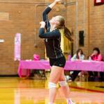 Emma Hodson fires a serve in Mondays match. (Photo by John Fisken)