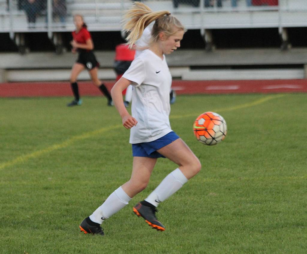 Mikenna Wicher controls the ball for the Falcons.(Photo by Jim Waller/South Whidbey Record)