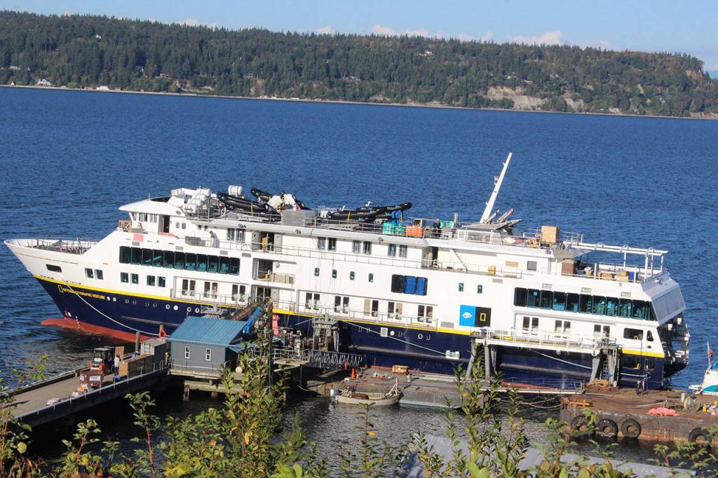 National Geographic Venture will first sail to Seattle before undergoing sea trials. The 100-passenger ship bound for cruises from Alaska to Panama was built and launched from the Whidbey Island shipyard, Nichols Brothers Boat Builders. Finishing work took place at Nichols Langley dock for the past month.
