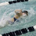 Anna Bennett swims the anchor leg for the Falcon 200-yard medley relay. (Photo by Jim Waller/South Whidbey Record)