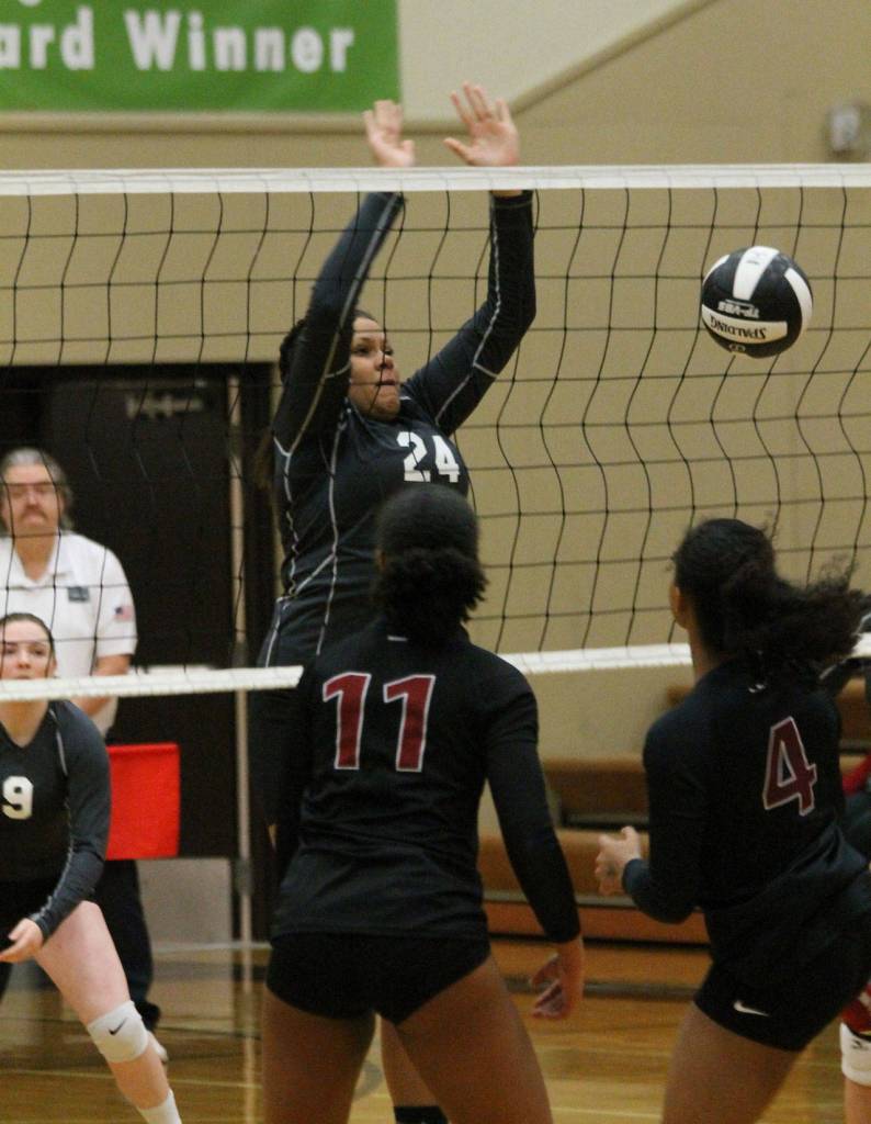 Adrianna Briggs (24) blocks a Northwest shot.(Photo by Jim Waller/South Whidbey Record)