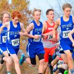 A pack of Falcon boys run in the state meet Saturday. (Photo by Karen Swegler)