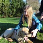 Piper Pontius lets Scout get another taste of the really old tooth the yellow Labrador retriever found in the backyard of her grandfather, Kirk Lacewell. It does have a smell, a musty smell, she said. (Photo by Patricia Guthrie/Whidbey News Group)