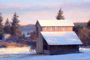 Sheep Barn, Winter Morning, oil painting on linen by James Tennison.                                Part of December show at Rob Schouten Gallery, Langley.