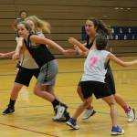 Ashley Lynch, left, and Farriss Jokinen try to get open against a full court press in practice last week. (Photo by Jim Waller/South Whidbey Record)