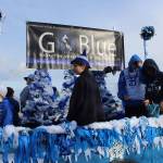 The boisterous Go Blue loud, proud and shimmering blue and white booster float of South Whidbey Schools won a parade award for Most Spirited.